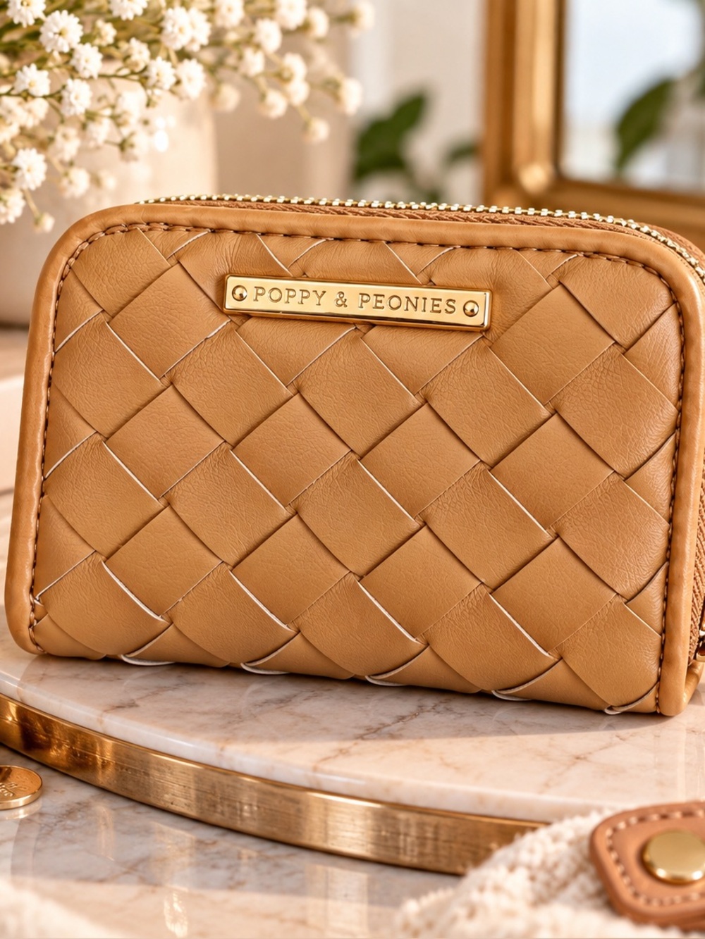 POPPY & PEONIES- Tan Woven Zip wallet